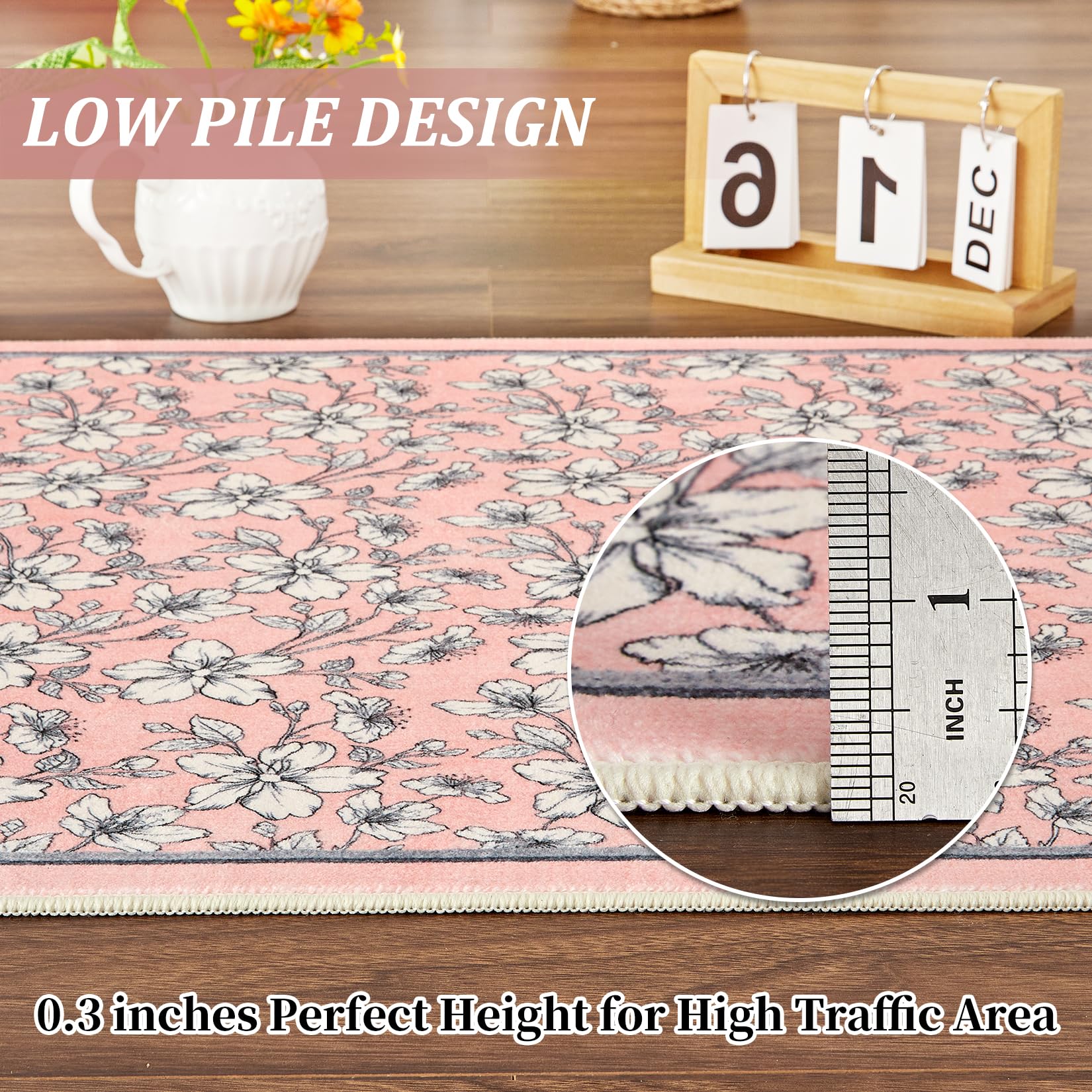 Tapis de salon lavable Garvee, motif floral vintage, poils courts, antidérapant et doux, idéal pour le salon, la chambre, la salle à manger ou la chambre d'enfant, 120 x 170 cm, rose.
