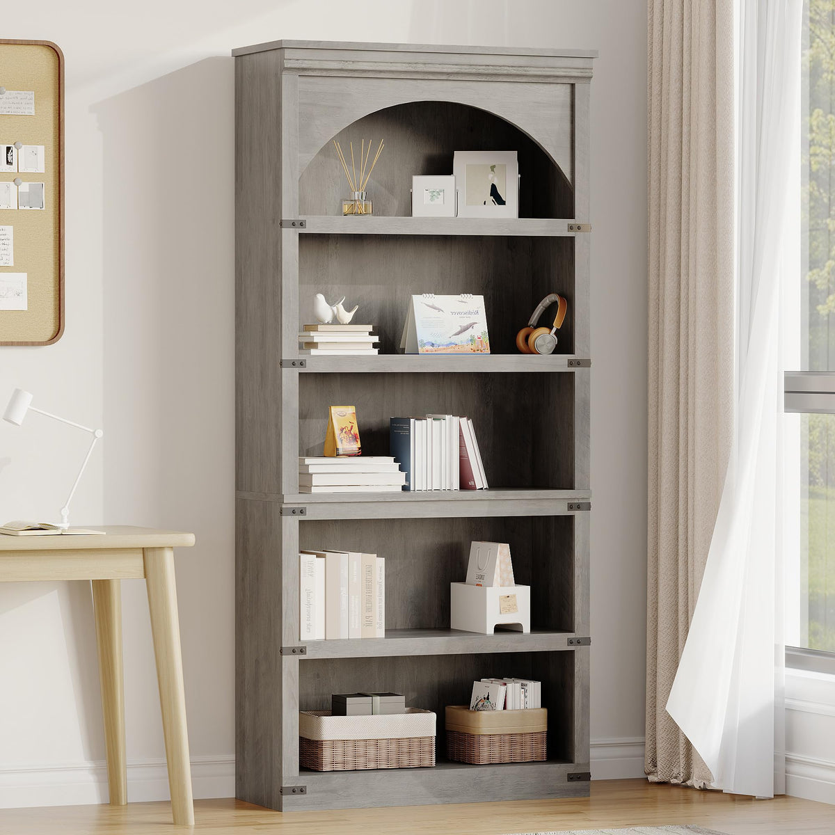 Garvee étagère incurvée , 5 tablettes, 175 cm de hauteur, style champêtre, pour salon ou bureau, bois brun