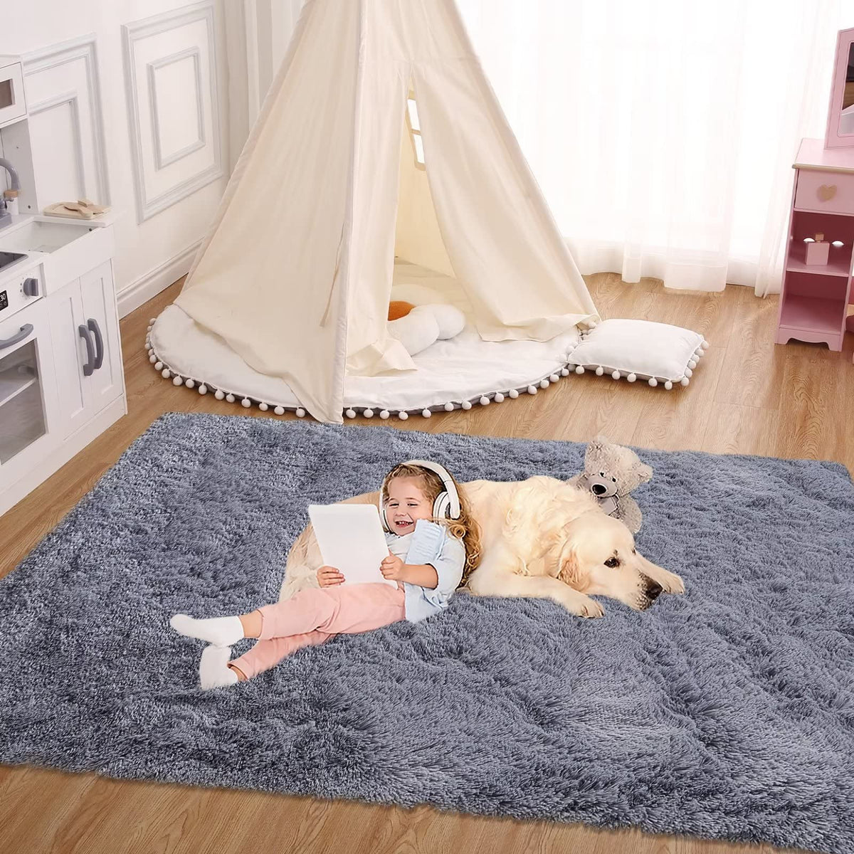 Tapis rond moelleux Garvee 80 cm pour chambre d'enfant, doux et duveteux, à poils longs de 4 cm, en velours antidérapant gris