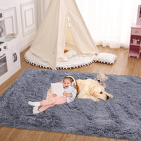 Tapis rond moelleux Garvee 80 cm pour chambre d'enfant, doux et duveteux, à poils longs de 4 cm, en velours antidérapant gris