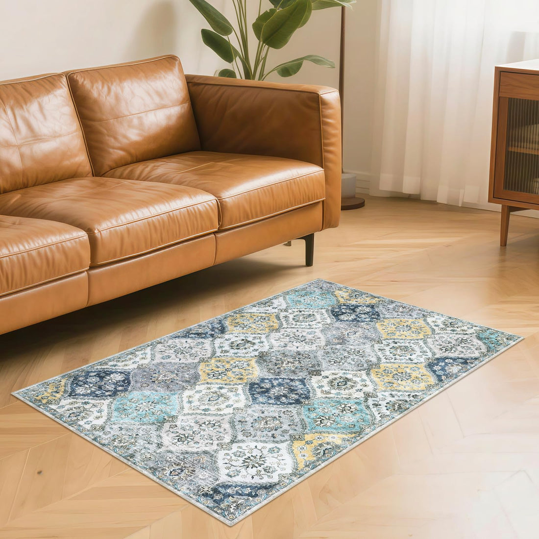 Tapis Garvee lavable vintage 160x230cm pliable à poils courts pour intérieur salon bleu jaune