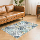 Tapis Garvee lavable vintage 160x230cm pliable à poils courts pour intérieur salon bleu jaune