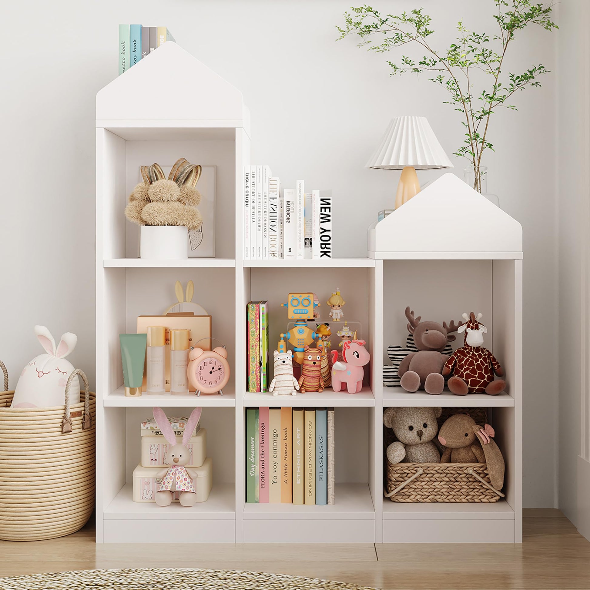 Étagère de rangement pour jouets Garvee, 7 compartiments, en forme de toit, robuste, en bois blanc, pour salle de jeux/chambre d'enfant, 107 x 91 x 30 cm