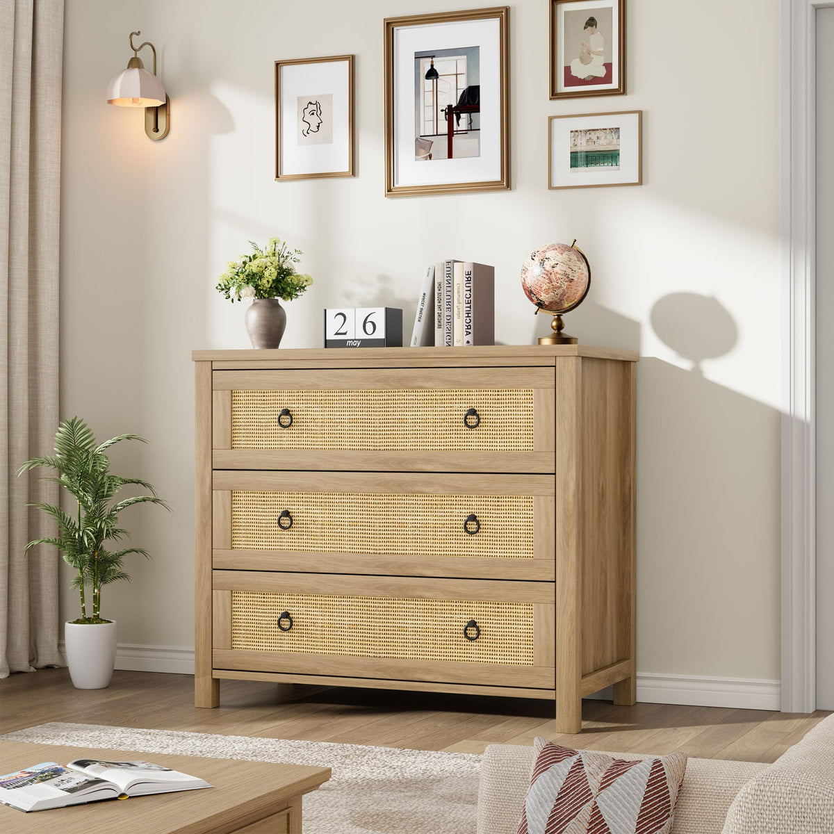 Commode en rotin Garvee 74 cm (29 po) - Bois - 3 tiroirs - Robuste - Grand espace de rangement - Salon - Chambre d'enfant