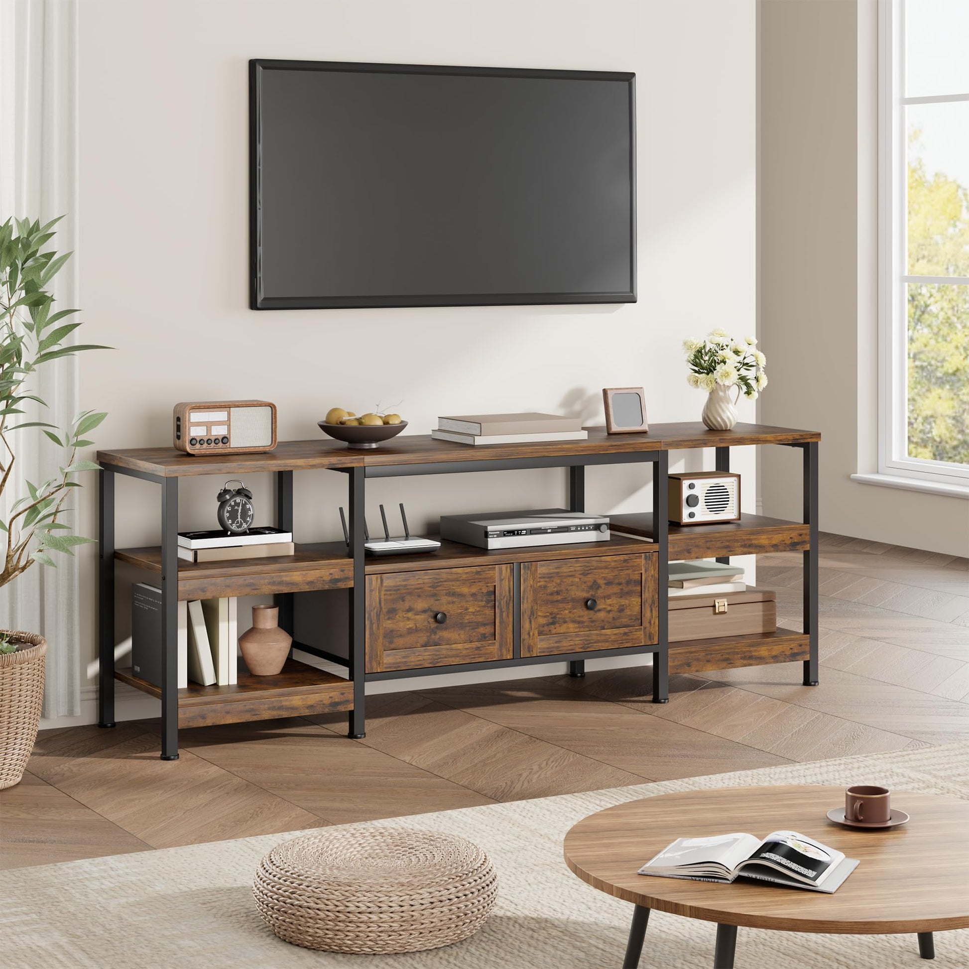 Meuble TV industriel Garvee 79 pouces avec 2 tiroirs, style rustique, marron, pour salon et bureau