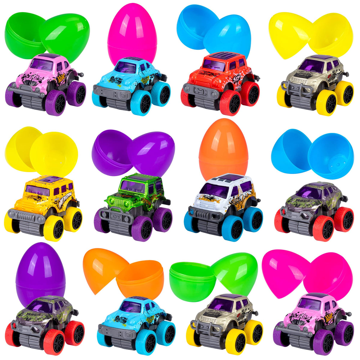 Garvee - Lot de 12 œufs de Pâques avec camions monstres à rétrofriction, motifs graffiti colorés, 7,9 cm x 5,3 cm, multicolores, idéal pour la chasse aux œufs de Pâques et les fêtes d'enfants.