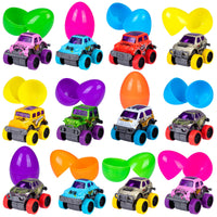 Garvee - Lot de 12 œufs de Pâques avec camions monstres à rétrofriction, motifs graffiti colorés, 7,9 cm x 5,3 cm, multicolores, idéal pour la chasse aux œufs de Pâques et les fêtes d'enfants.