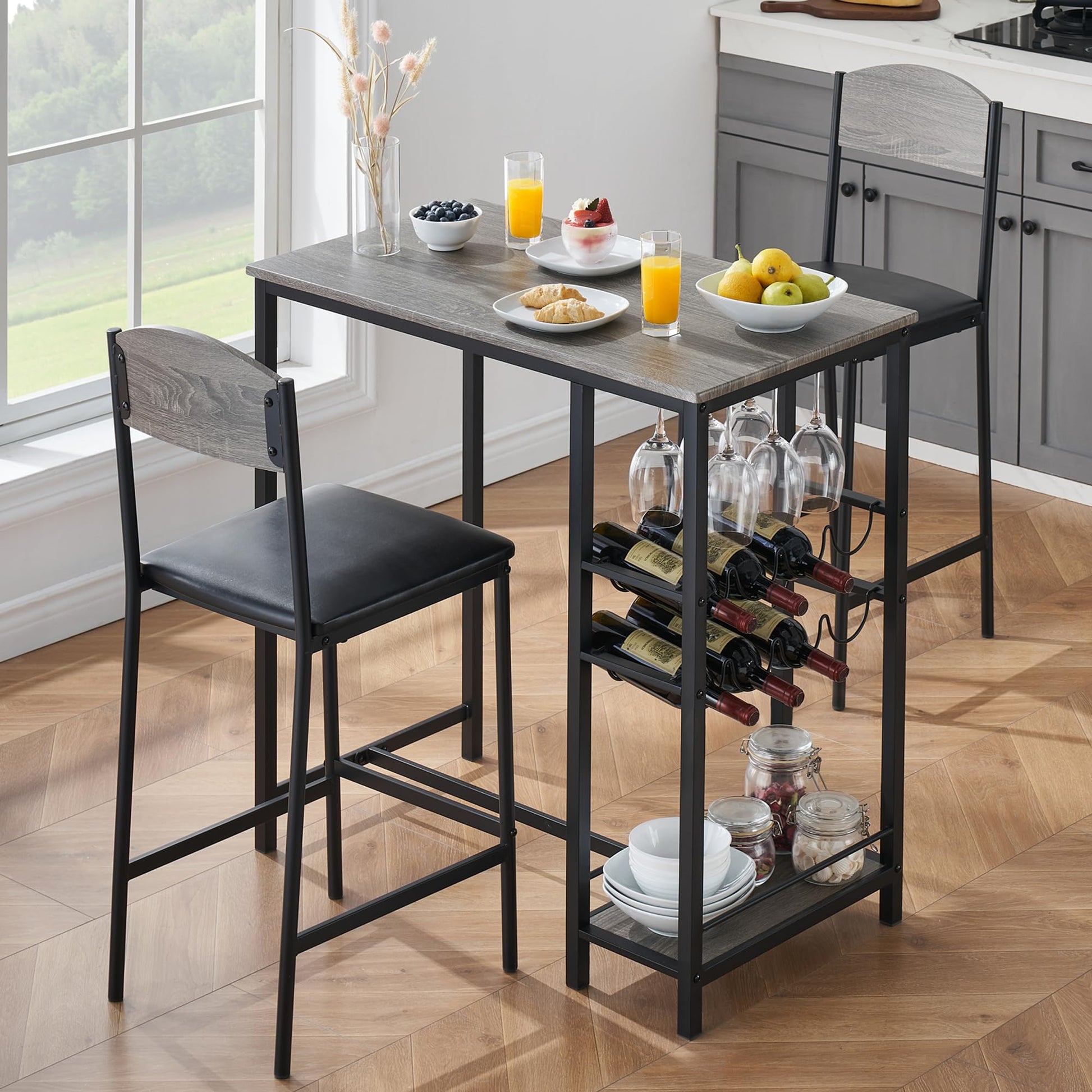 Ensemble table de bar Garvee pour 2 personnes avec repose-pieds, chaises rembourrées, structure robuste en métal et MDF, gris, pour cuisine et bar