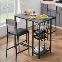 Ensemble table de bar Garvee pour 2 personnes avec repose-pieds, chaises rembourrées, structure robuste en métal et MDF, gris, pour cuisine et bar