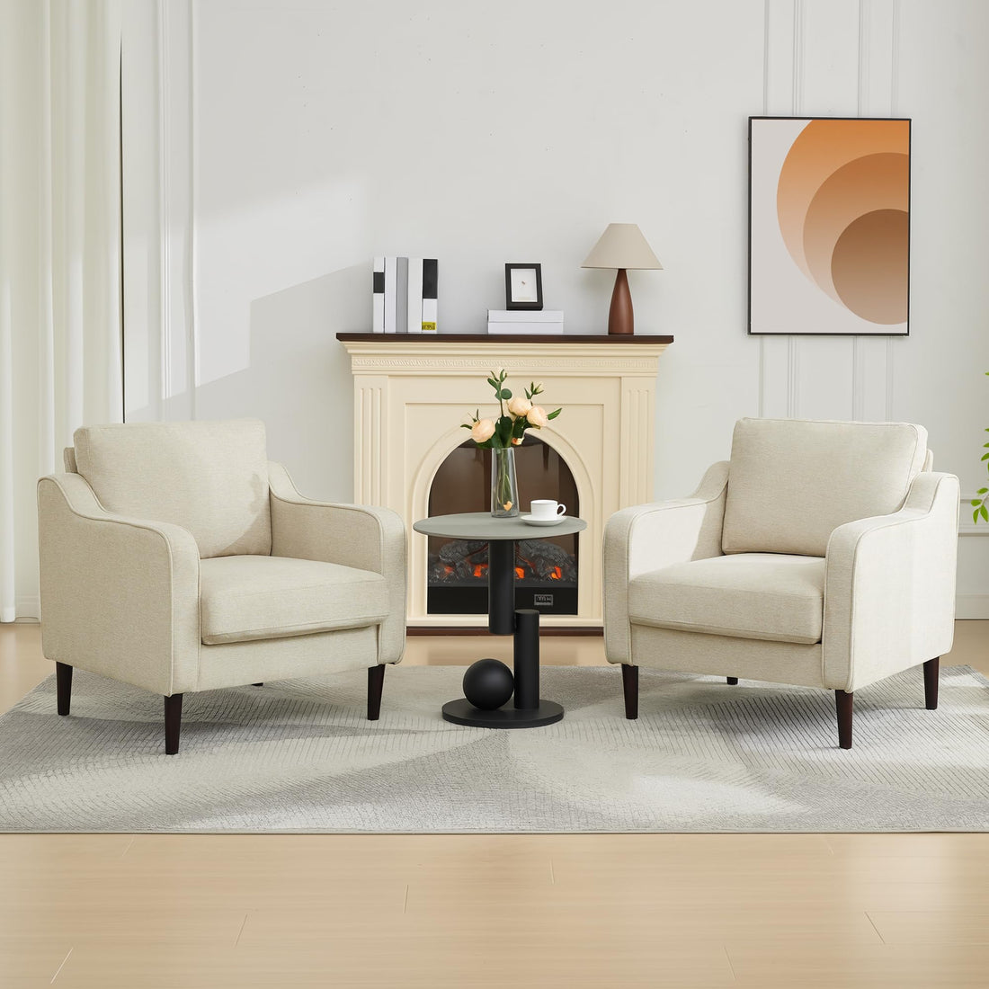 Garvee Fauteuil d'appoint style Mid-Century, revêtement en lin beige, pour salon et bureau, 76cm (L)×81cm (H), mousse confortable, structure en bois