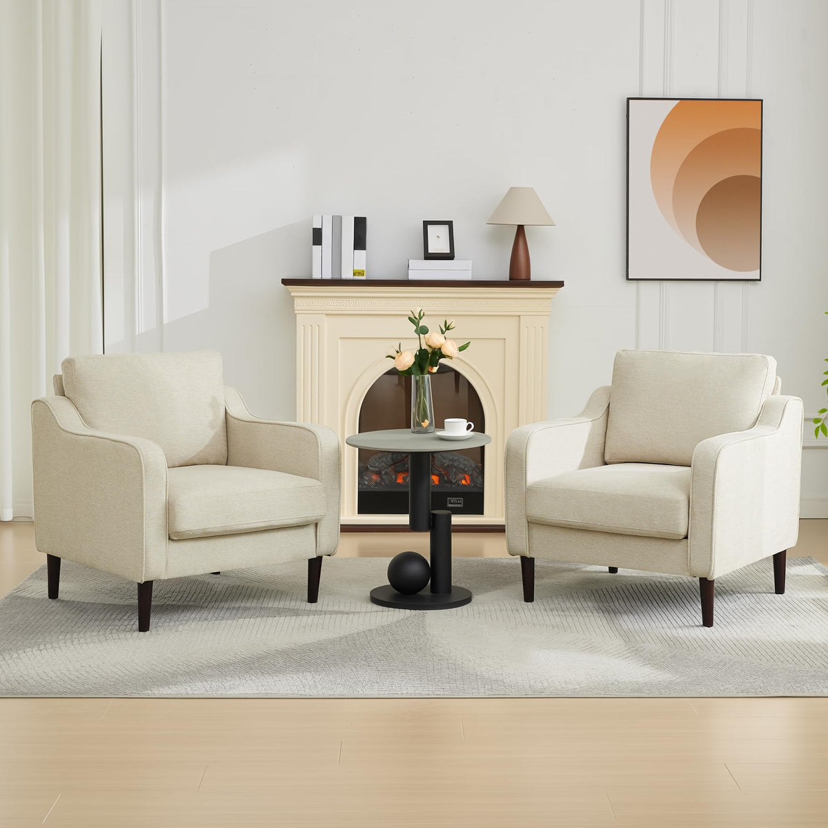 Garvee Fauteuil d'appoint style Mid-Century, revêtement en lin beige, pour salon et bureau, 76cm (L)×81cm (H), mousse confortable, structure en bois