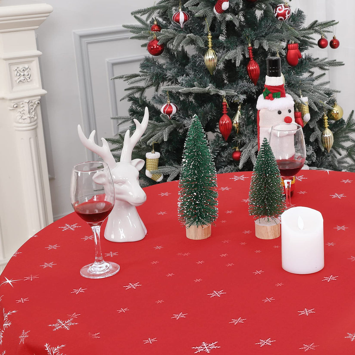 Garvee Nappe ronde Décoration de Noël Flocon de neige Imperméable Anti-taches Rouge 152 cm Salle à manger