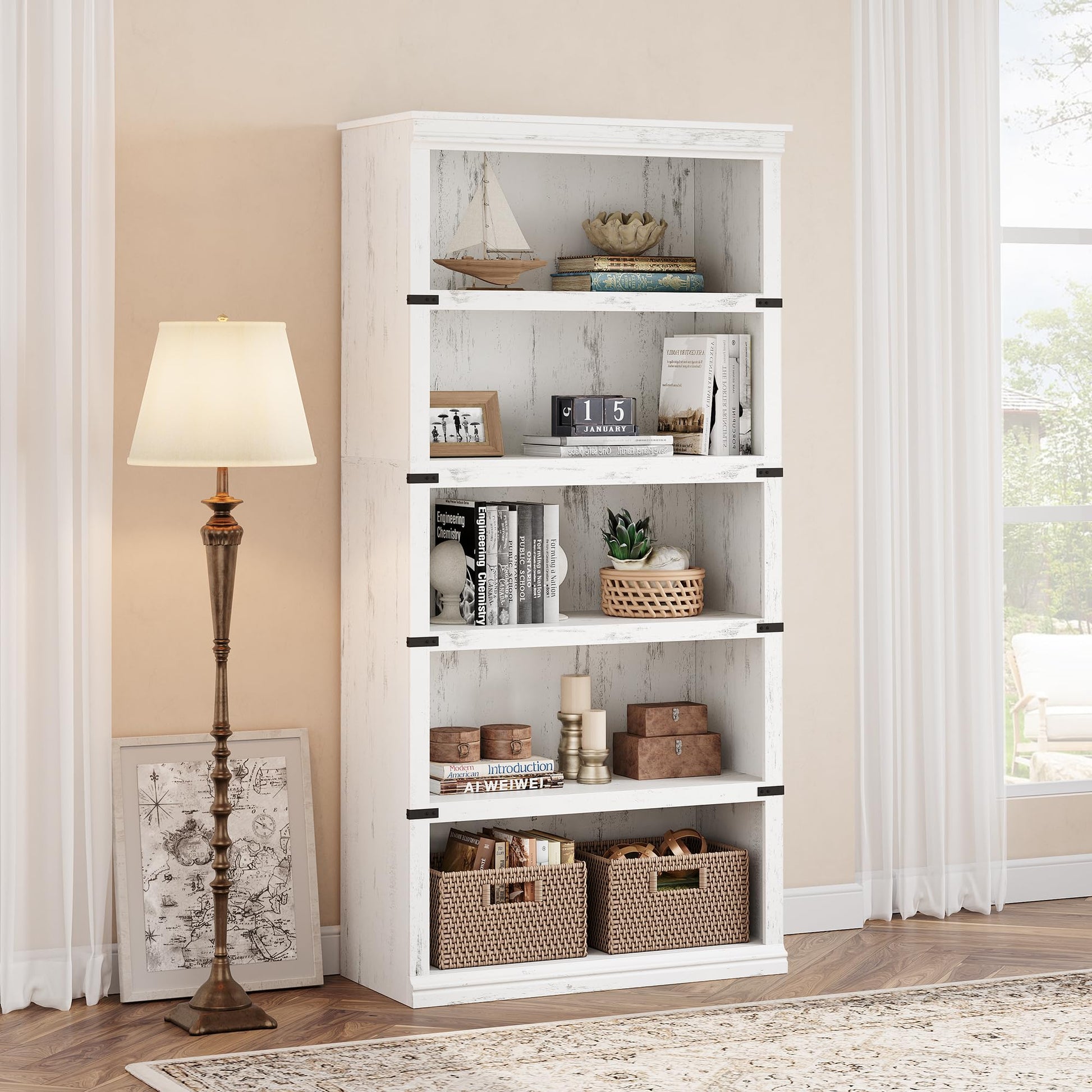 Garvee bibliothèque haute 80 × 32 × 171 cm, 5 niveaux ouverts, finition blanche, style campagne