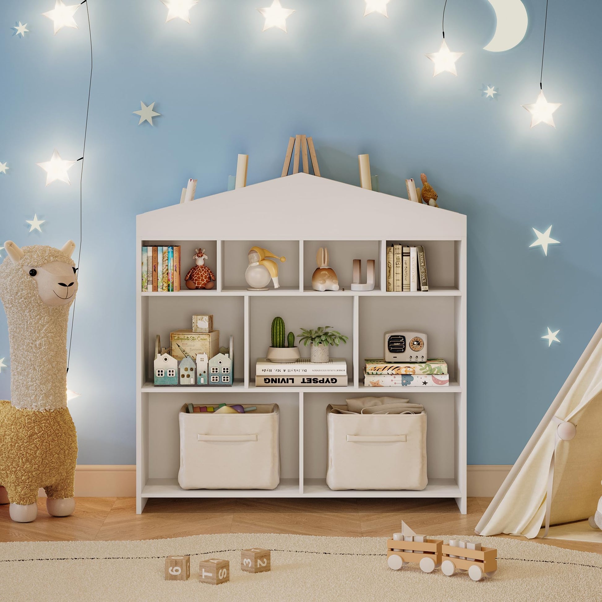 Étagère de rangement pour jouets Garvee, 9 compartiments, bibliothèque pour enfants, bois blanc, 103,5 cm, robuste, polyvalente, pour salle de jeux