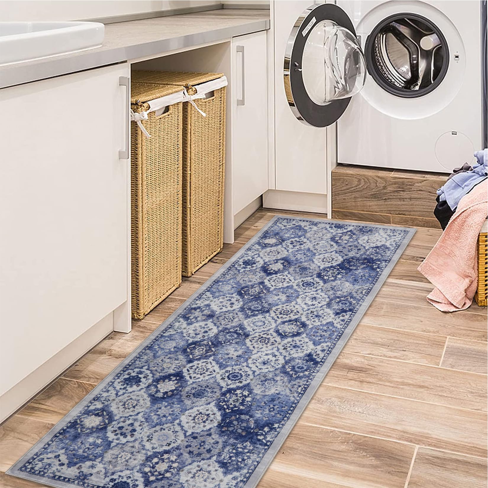 Tapis vintage Garvee grand format 60x180cm, doux, lavable, antidérapant, en polyester à poils courts, pour salon et chambre.