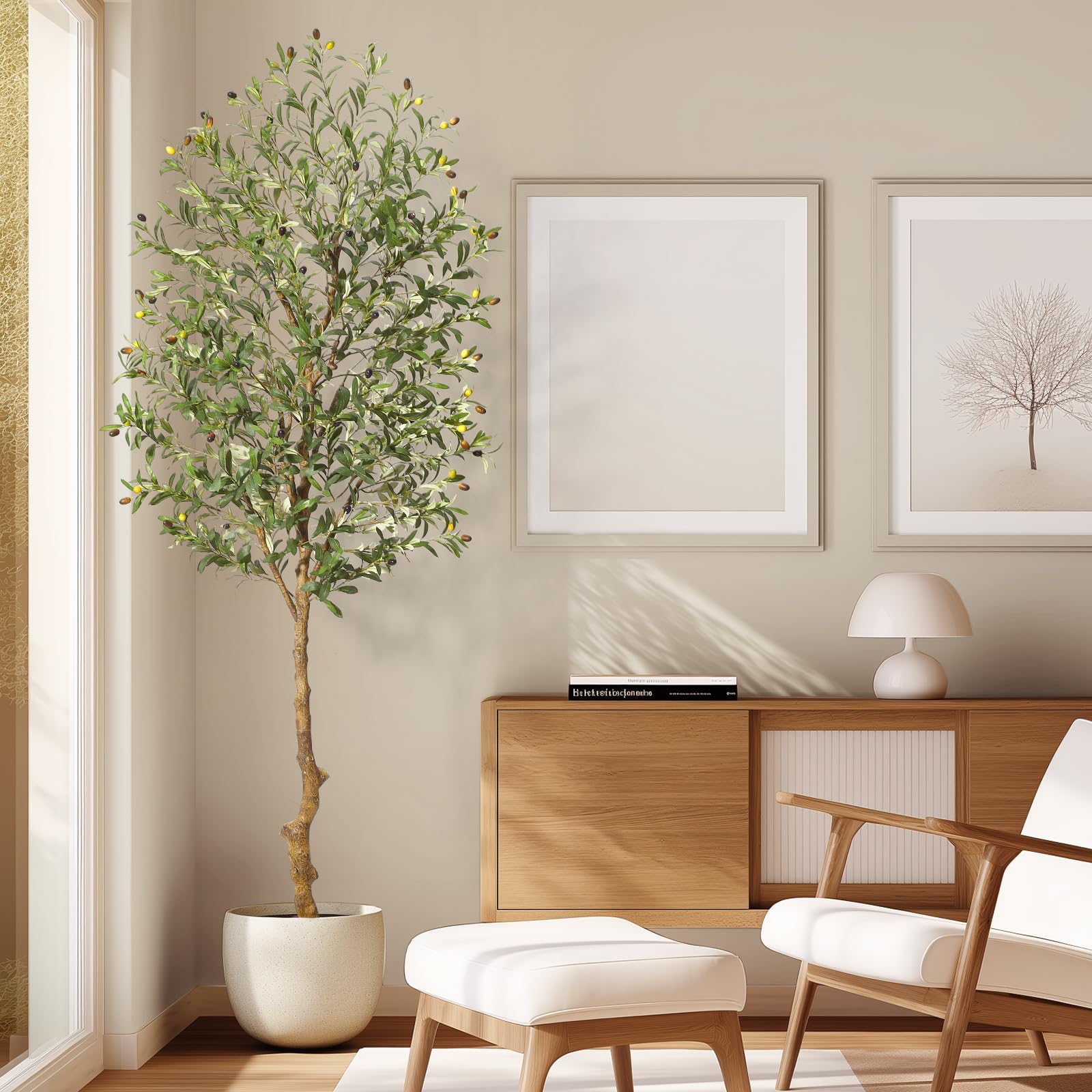 Garvee Olivier artificiel 183 cm, tronc réaliste, feuilles ajustables et pot noir cimenté, pour intérieur et extérieur
