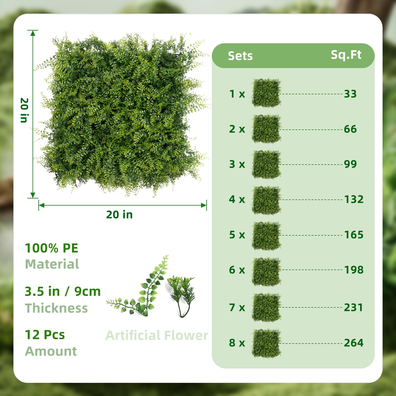 Garvee, ensemble de 12 panneaux muraux en gazon artificiel 50 x 50 cm (20 x 20 po), résistant aux UV, en polyéthylène dense et réaliste, pour jardin et mariage (vert).