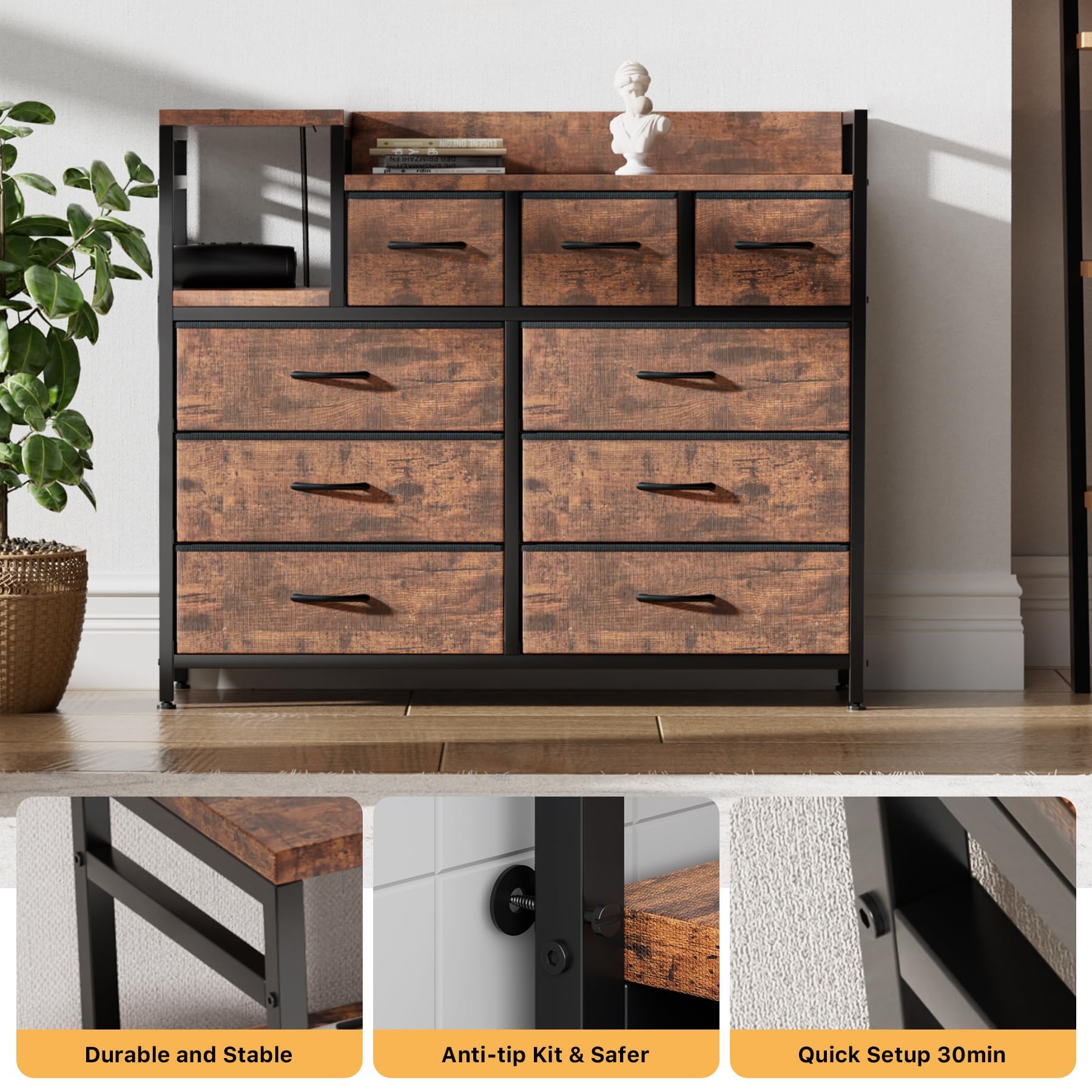 Commode Garvee à 9 tiroirs en tissu, multifonctionnelle pour chambre et salon, 100 x 30 x 86 cm, coloris rétro