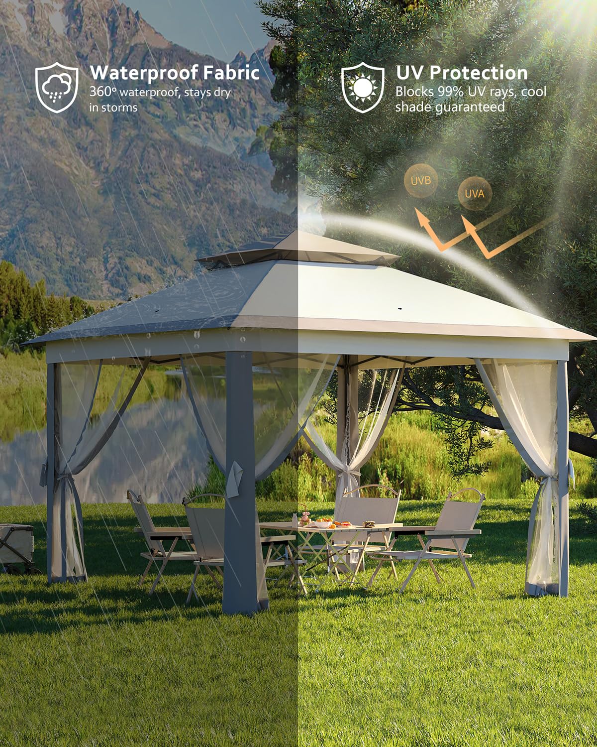 Garvee Tonnelle de Jardin 335 x 335 cm, Double Toit, Moustiquaire, Structure Métallique Robuste, Toile Polyester Imperméable, Patio et Terrasse