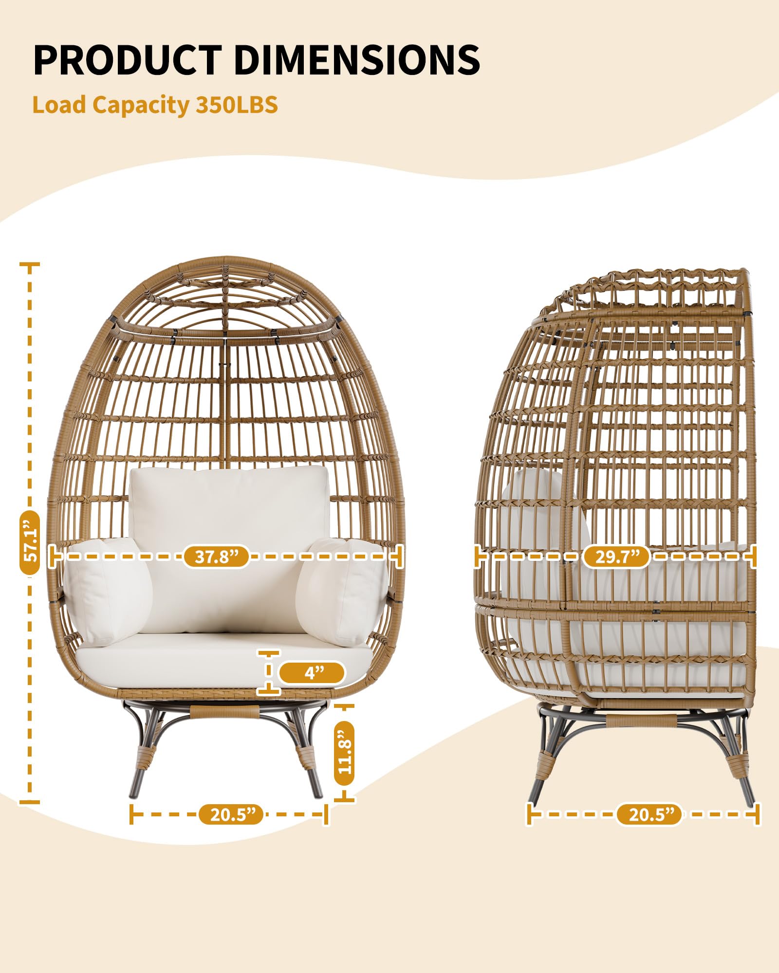 Garvee Fauteuil Œuf Pivotant 360° XL, Structure Acier et Base Métal, Rotin PE Résistant à l’Eau, Coussins Réglables, Intérieur/Extérieur, 96 × 76 × 145 cm, Naturel