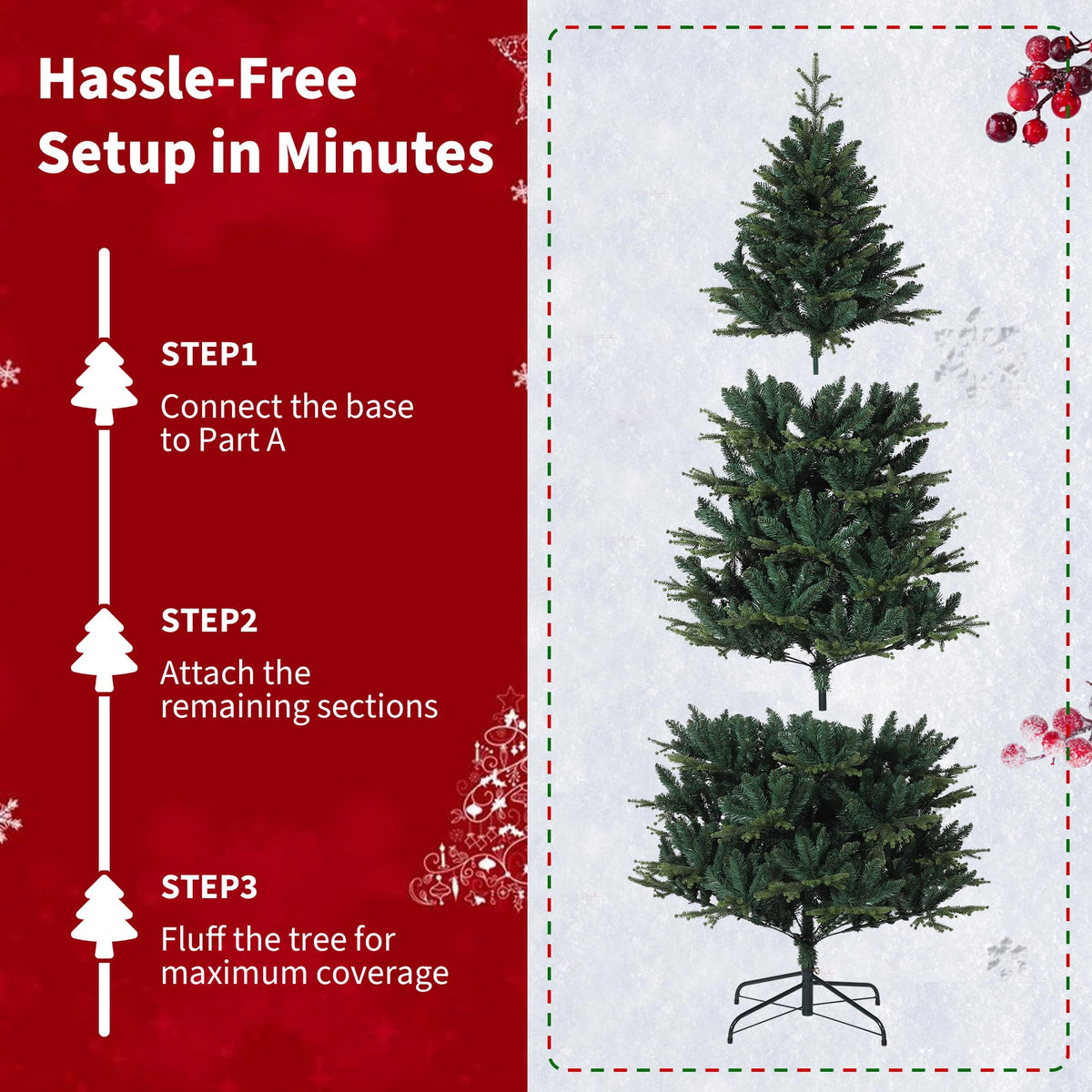 Garvee sapin de Noël artificiel 210 cm en PE/PVC, « magie de Noël », avec éclairage LED à économie d'énergie, idéal pour les grandes pièces et les fêtes