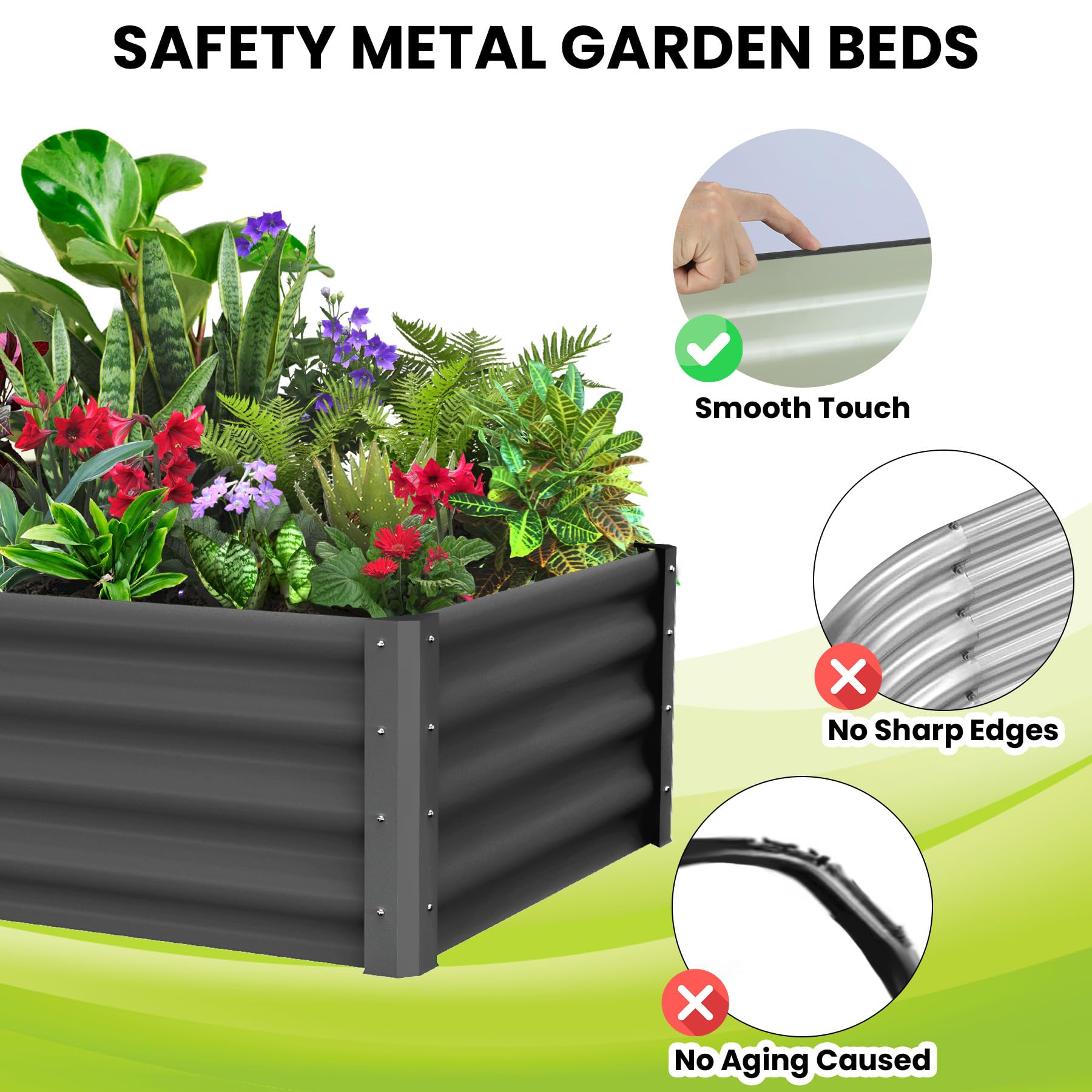 Potager surélevé galvanisé Garvee 180 x 90 x 30 cm, en acier, antirouille, avec rebord de sécurité, idéal pour le jardin et la terrasse, durable et facile à monter.
