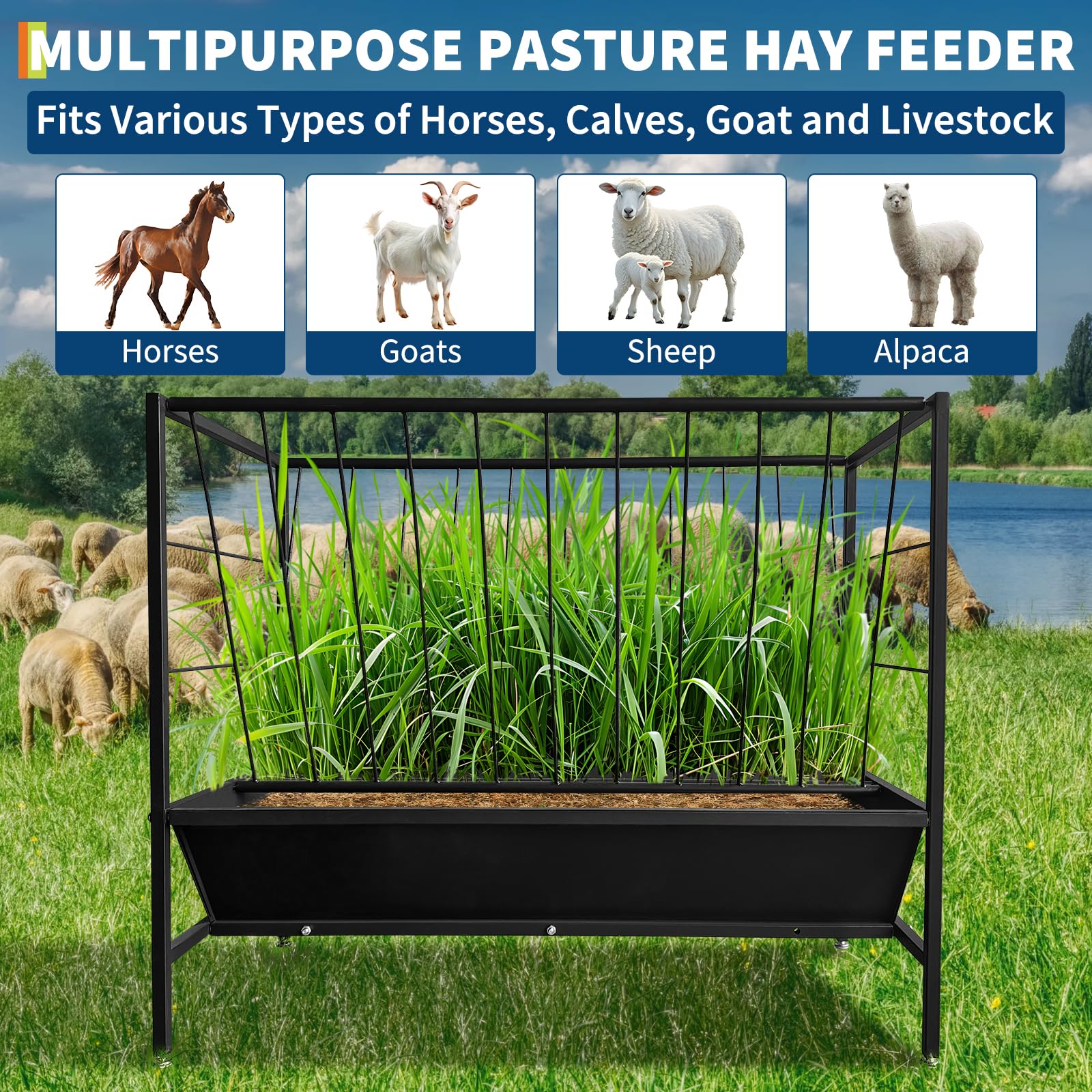 Mangeoire à foin Garvee Pasture de 45 gallons en acier robuste 2 en 1 avec râtelier à foin pour chevaux et moutons, usage extérieur et intérieur, noir