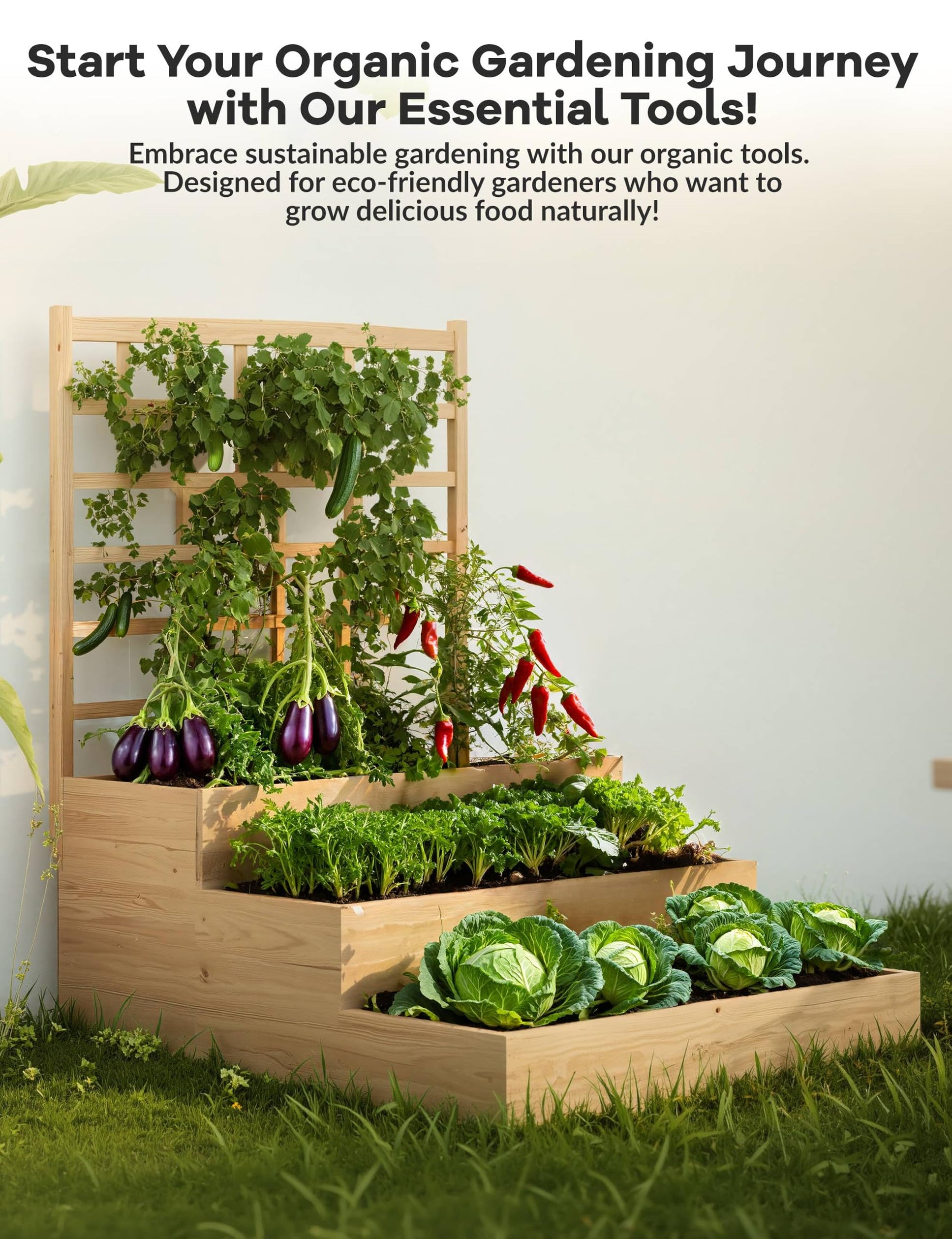 Jardinière surélevée à 3 niveaux Garvee en bois d'épicéa avec treillis pour balcon et jardin, modulaire, ouverte, en bois naturel