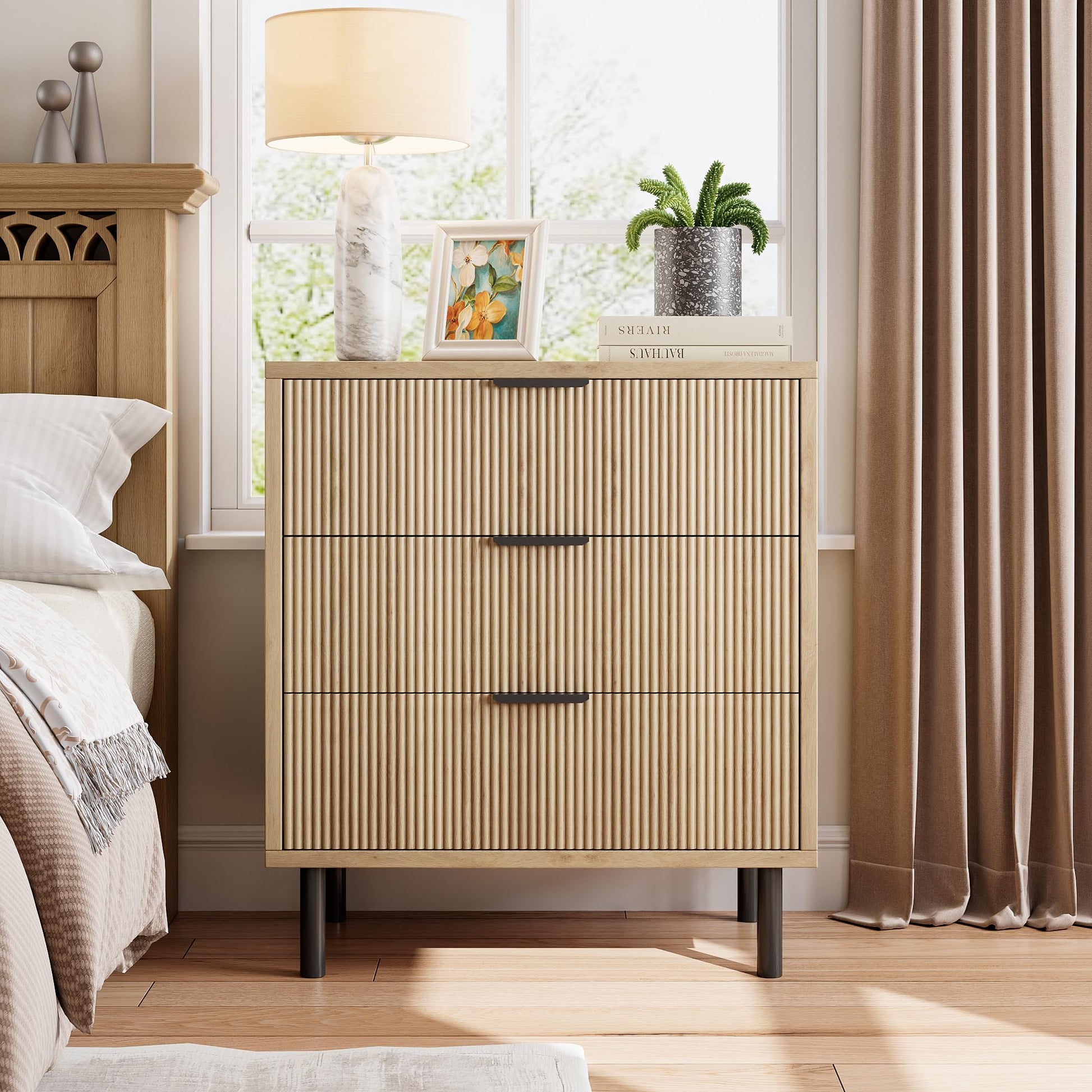 Garvee commode en chêne, 3 tiroirs, design cannelé, pieds en métal, protection anti-basculement, pour la chambre et le salon, noir