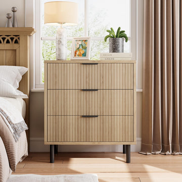 Garvee commode en chêne, 3 tiroirs, design cannelé, pieds en métal, protection anti-basculement, pour la chambre et le salon, noir