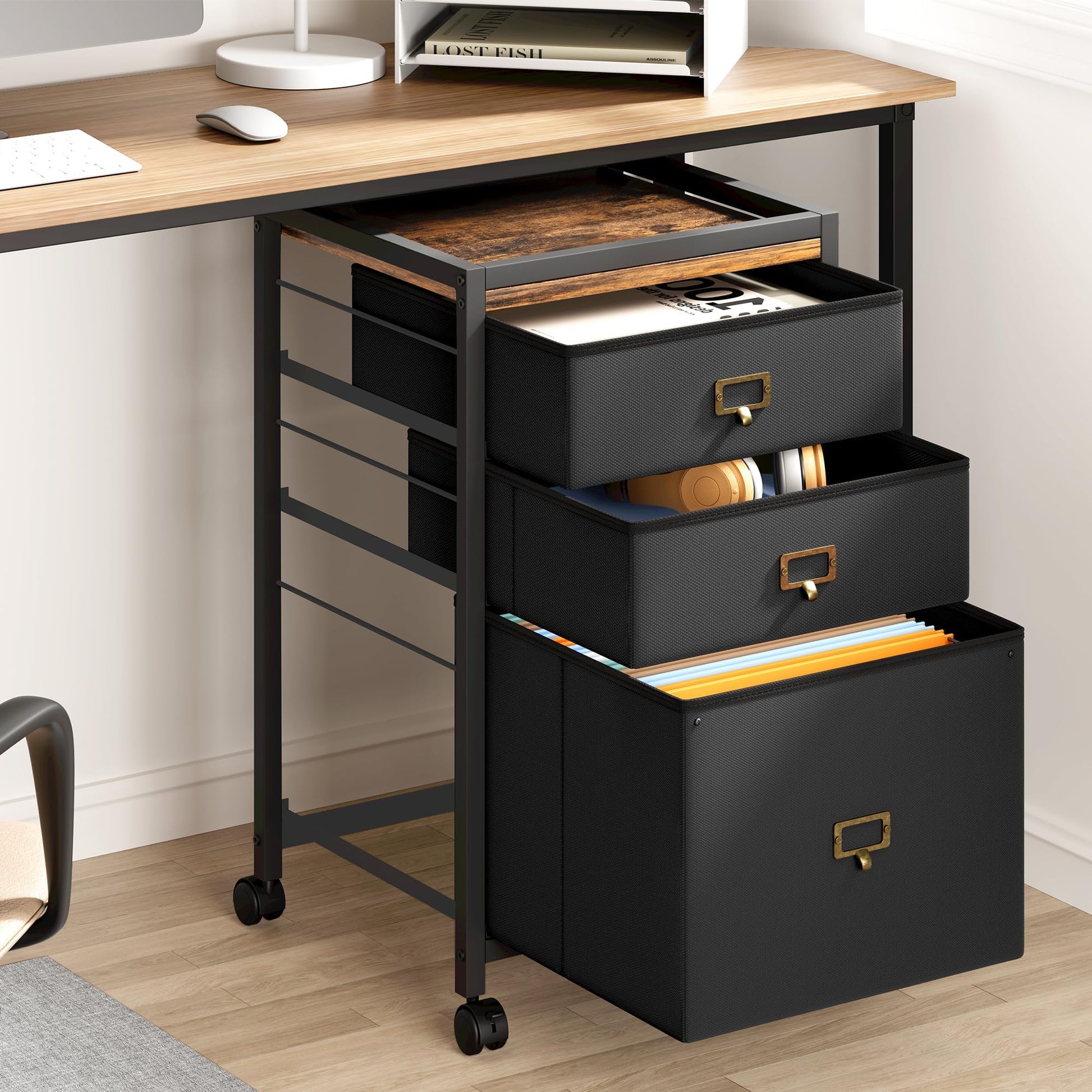 Garvee Caisson de classement mobile 3 tiroirs avec roulettes, cadre métal, plateau MDF, compatible A4/Lettre, noir rustique, bureau maison.