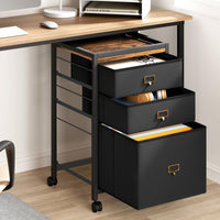 Garvee Caisson de classement mobile 3 tiroirs avec roulettes, cadre métal, plateau MDF, compatible A4/Lettre, noir rustique, bureau maison.