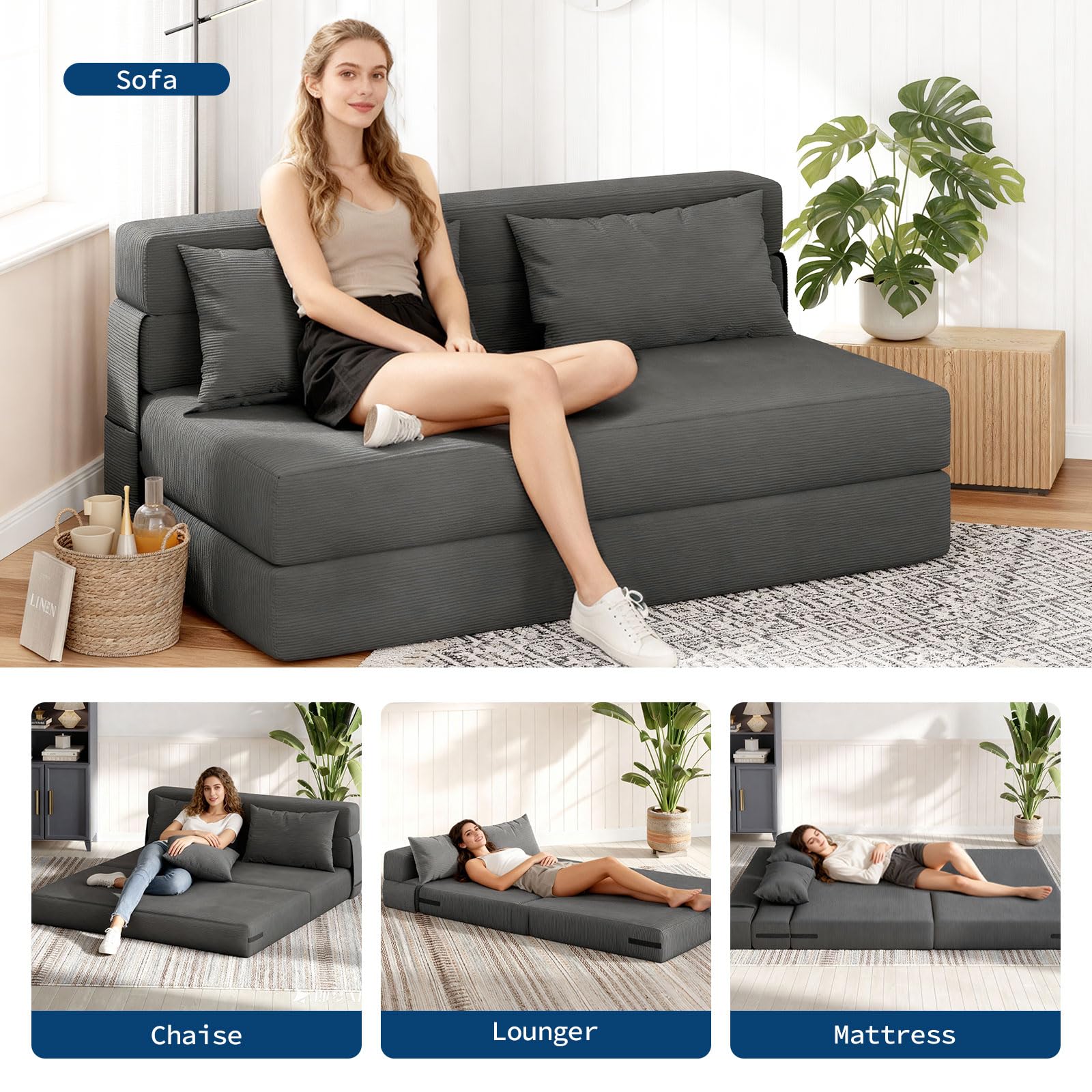 Canapé-lit et fauteuil-lit 4 en 1 Garvee, polyvalent et confortable, en velours côtelé gris foncé, pour salon et chambre d'amis