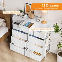 Commode Garvee blanche à 12 tiroirs en tissu avec poches latérales pour chambre et salon, robuste, légère et polyvalente
