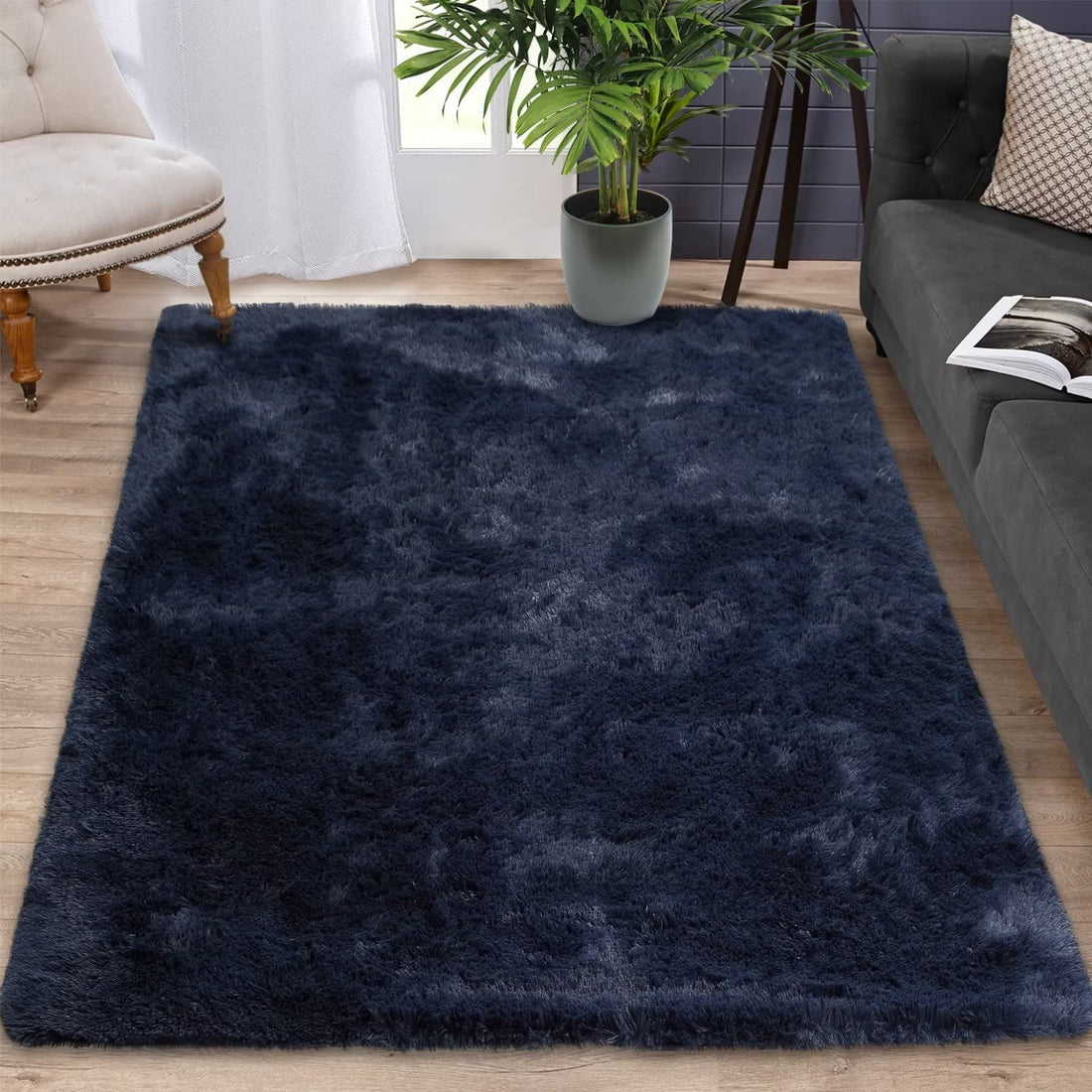 Tapis shaggy Garvee 152 x 244 cm, bleu marine tie-dye, ultra doux et moelleux, haute densité, pour chambre d'enfant ou salon