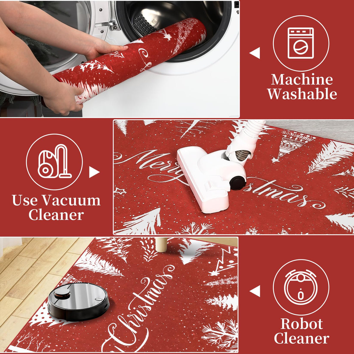 Tapis de Noël lavable Garvee, motif flocons de neige et sapin rouge, 120 x 170 cm, pour salon et chambre