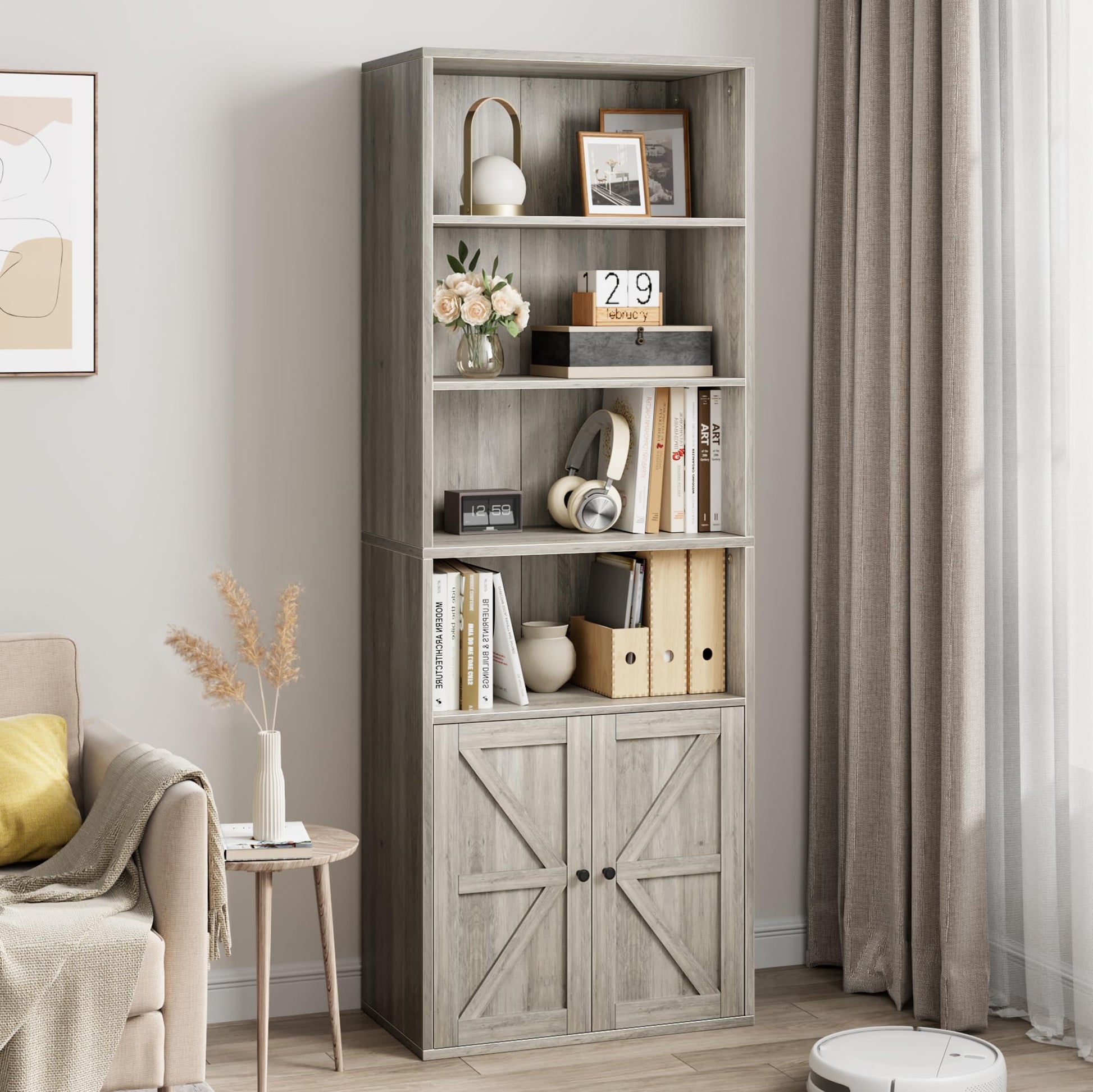 Garvee bibliothèque avec portes, style industriel, 6 étagères, design campagnard, bois, profondeur 30 cm, blanche, pour salon, bureau, chambre