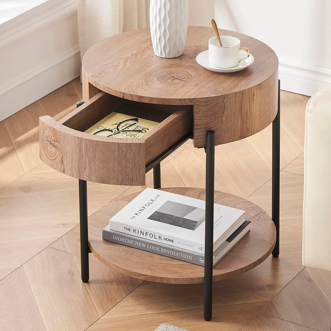Table d'appoint ronde Garvee en bois avec tiroir, structure en métal, style vintage pour salon et chambre, 50 cm, marron
