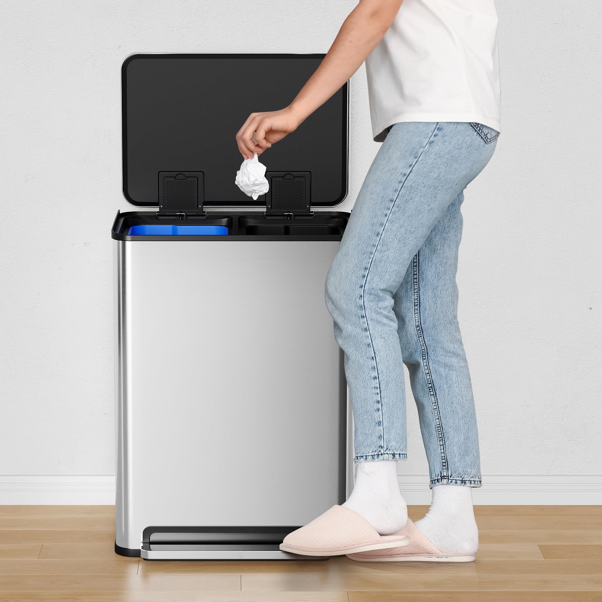 Poubelle Garvee en acier inoxydable, 60 litres, double compartiment, couvercle à fermeture douce, séparation des déchets, cuisine/bureau, 2 x 30 litres, argent