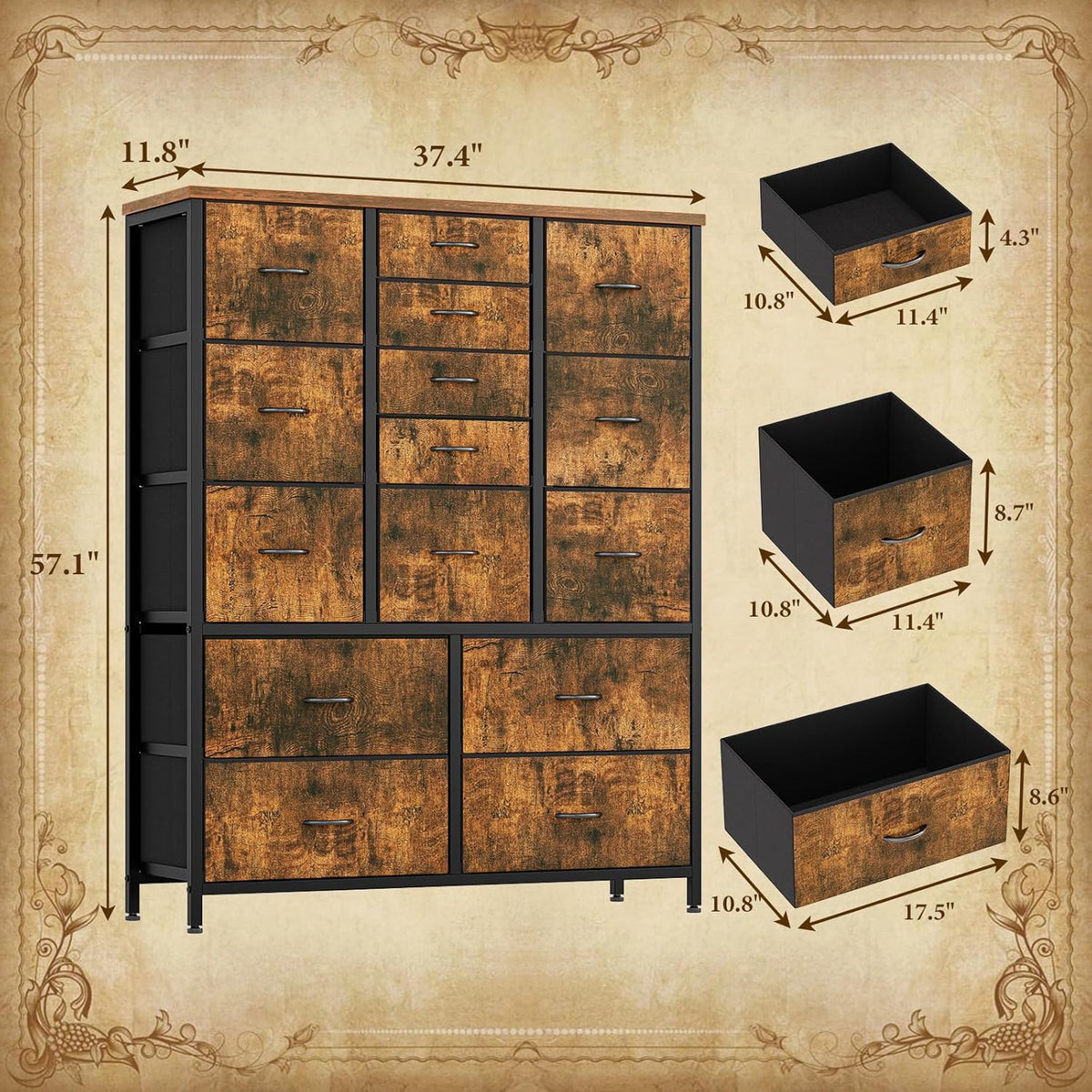 Garvee commode en tissu à 15 tiroirs, structure métallique, robuste et durable, 100 × 30 × 123 cm, chambre et salon, gris