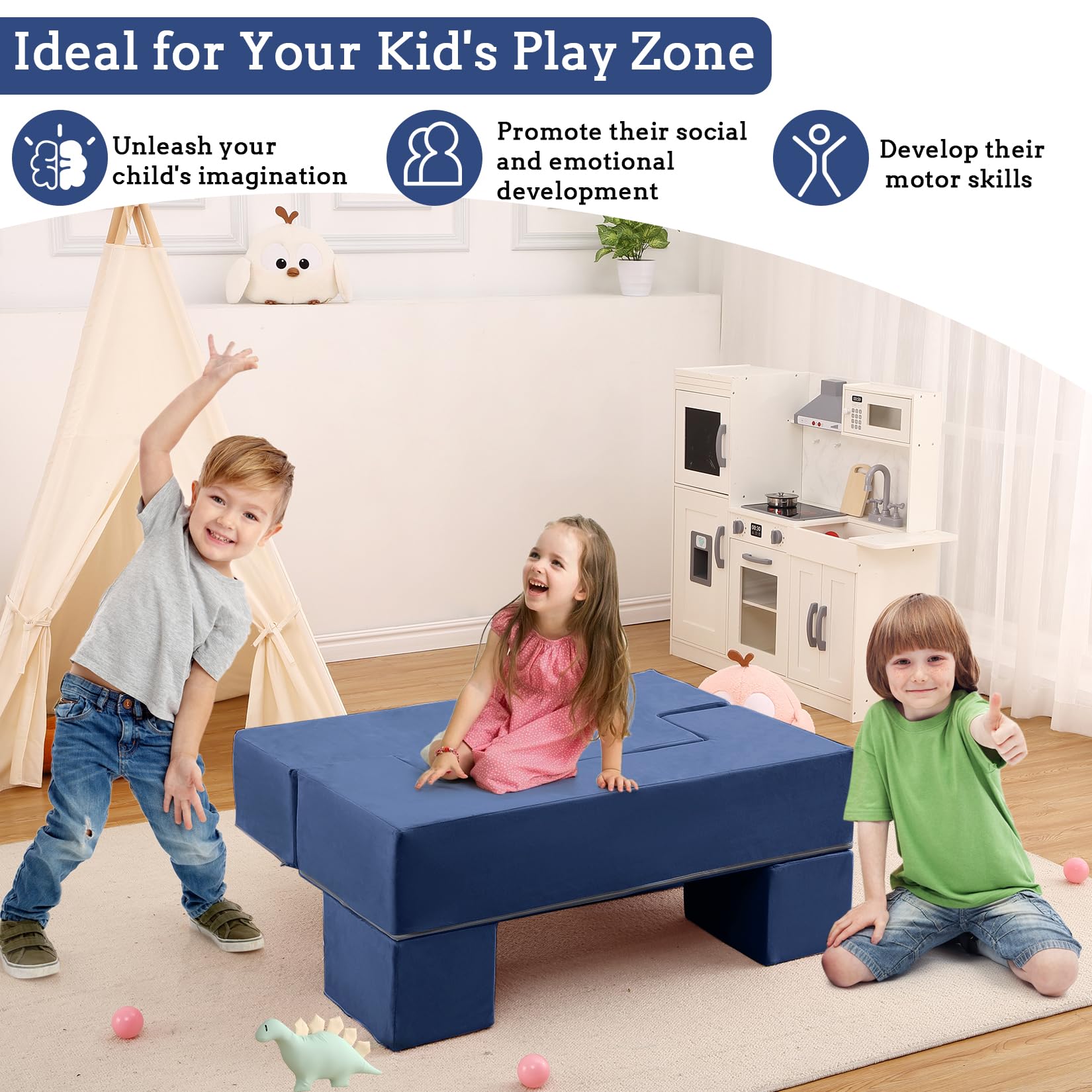 Canapé de jeu Garvee pour enfants, 6 pièces, modulable, bleu marine, revêtement en microfibre douce, mousse haute densité, idéal pour la salle de jeux, 99 x 51 x 41 cm