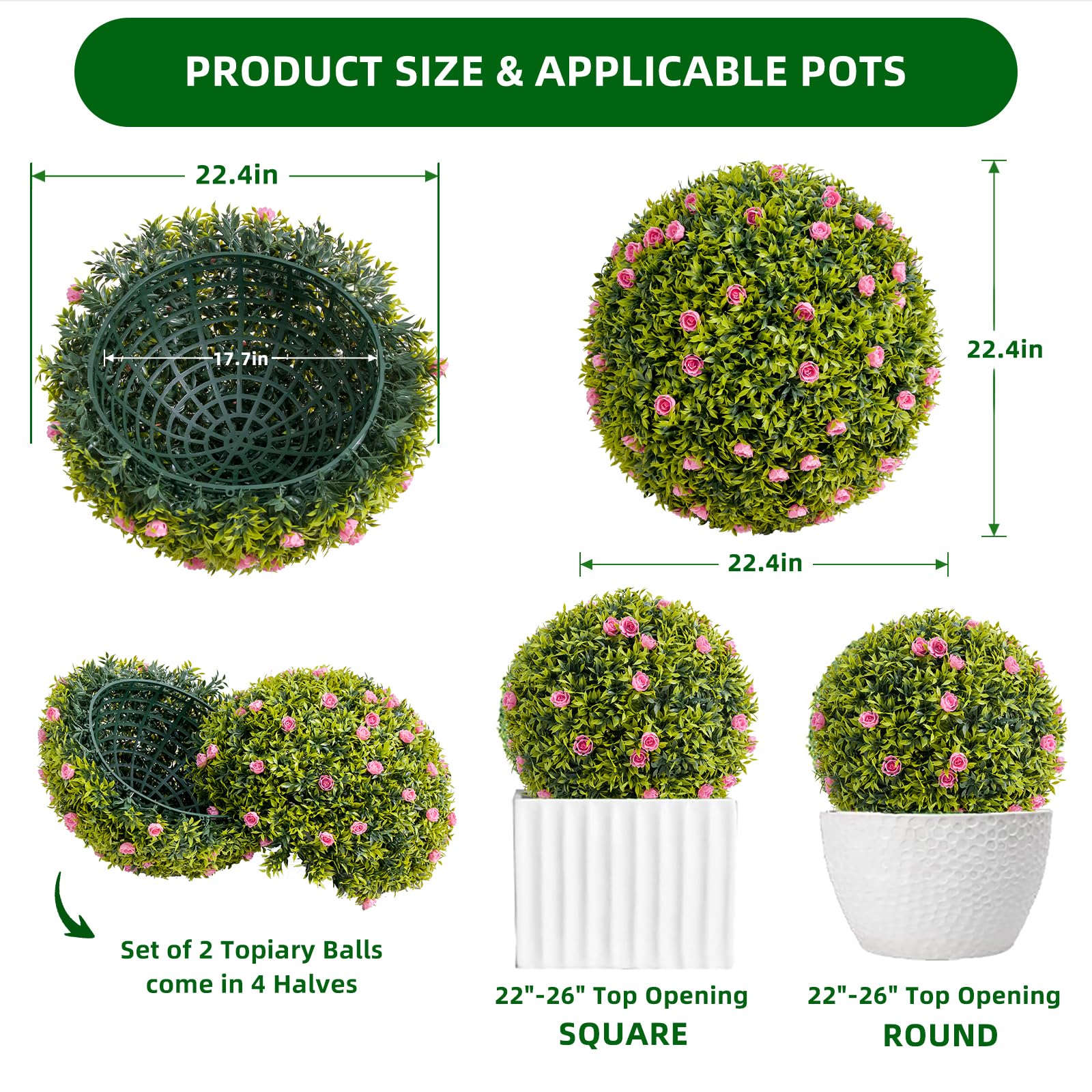 Boules de buis artificiel Garvee, lot de 2, 57 cm (22,4 pouces), résistantes aux intempéries et sans entretien, en polyéthylène vert, pour jardin et mariage.