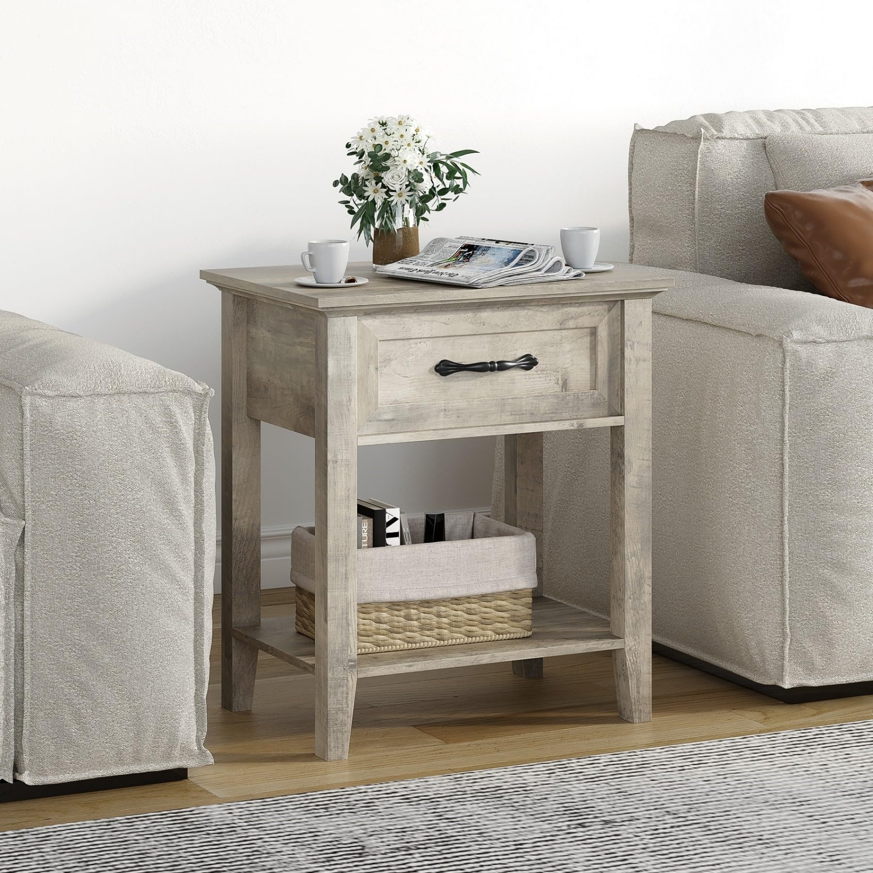 Table de chevet Garvee grise avec tiroir, rangement à 2 niveaux pour chambre et salon, 50 x 40 x 60 cm, bois durable
