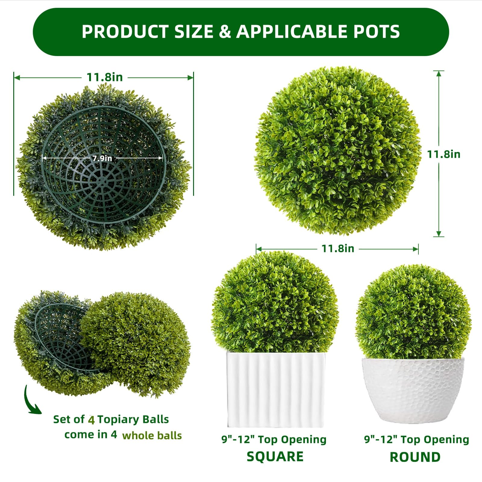 Garvee Lot de 4 boules de buis artificielles Ø 30 cm en PE, résistantes aux UV et à l’eau, à suspendre, pour jardin et mariage