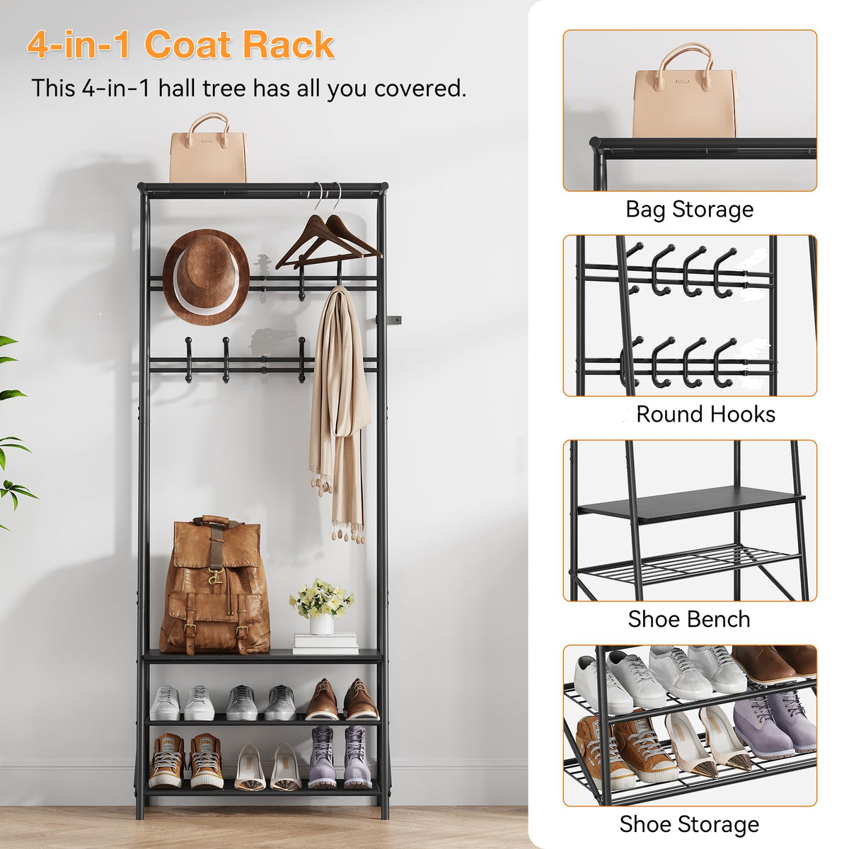 Garvee Porte-manteau et banc à chaussures 4 en 1, structure en métal et aspect bois – Rangement pour couloir, entrée et salon