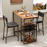 Table de salle à manger Garvee pour 2 personnes avec 4 étagères, casier à vin, sièges rembourrés, structure en acier robuste, gain de place pour les petites cuisines et les studios - Table rustique marron avec 2 chaises