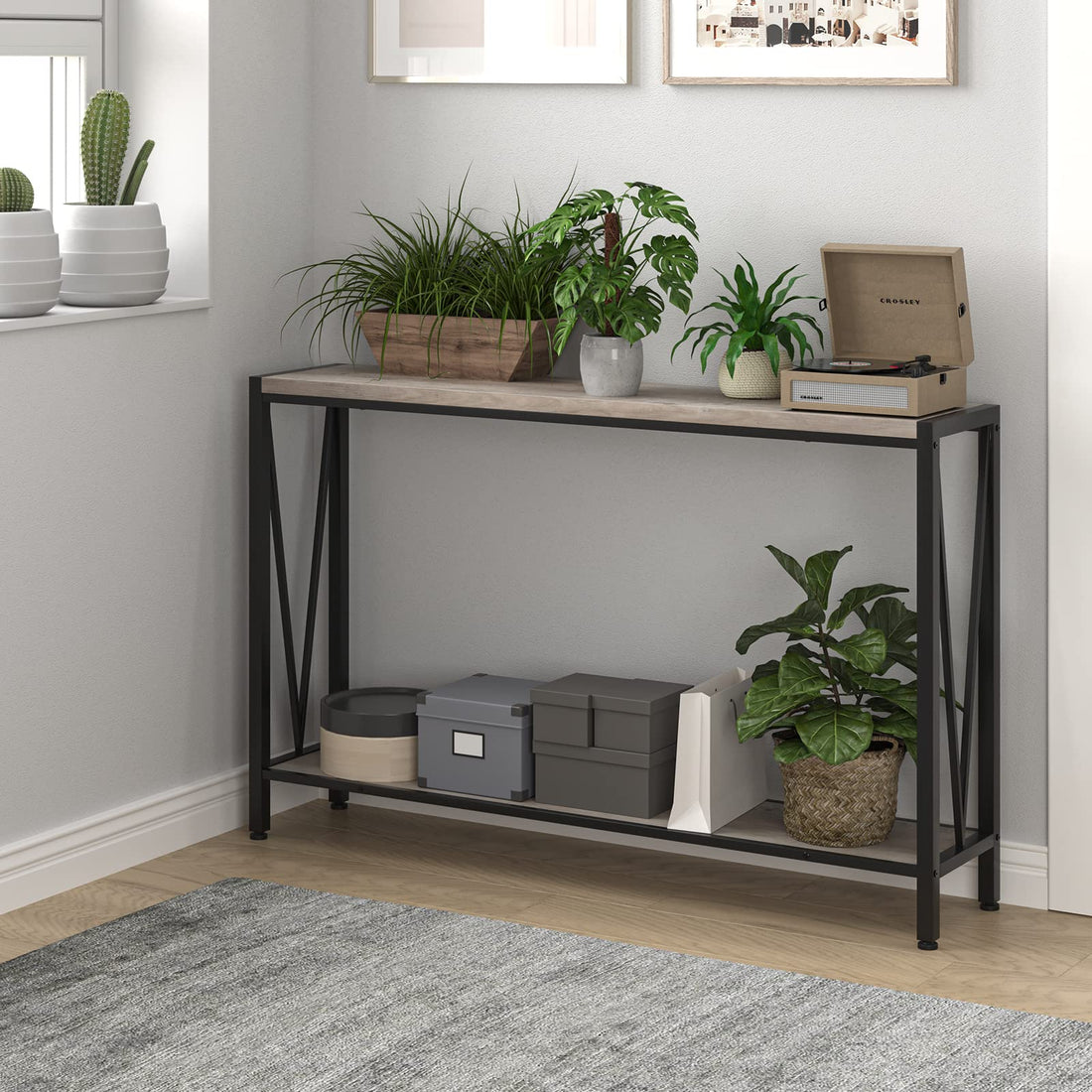 Garvee Console d’entrée industrielle 2 niveaux, table étroite 109 cm avec rangement, design en V, idéale pour entrée, salon et couloir, gris.
