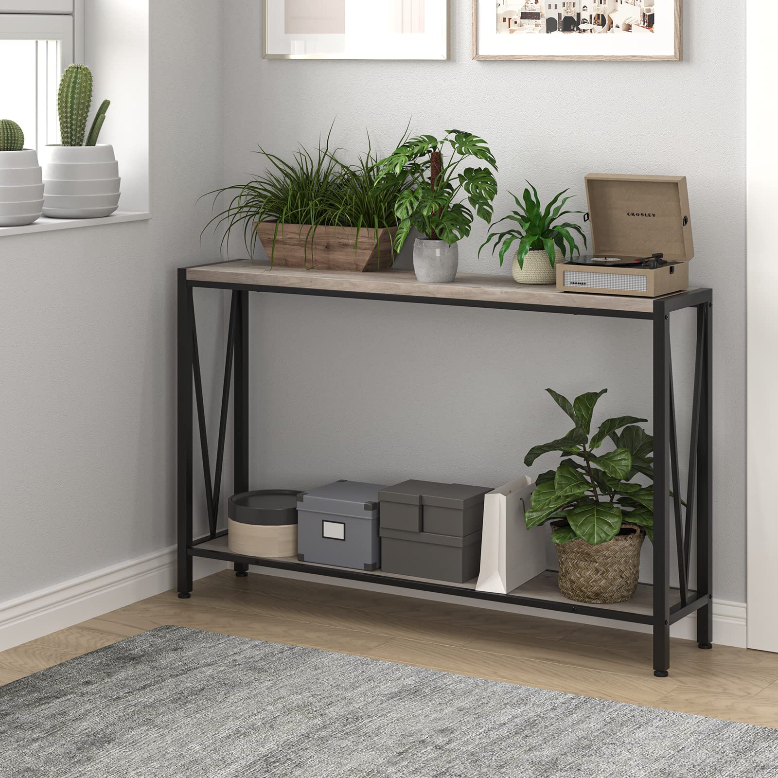 Garvee Console d’entrée industrielle 2 niveaux, table étroite 109 cm avec rangement, design en V, idéale pour entrée, salon et couloir, gris.