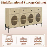 Buffet Garvee de 157 cm (62 pouces) avec 3 tiroirs et 4 portes vitrées, idéal pour la salle à manger et la cuisine. Bois robuste, tons naturels, étagères réglables et dispositif anti-basculement.
