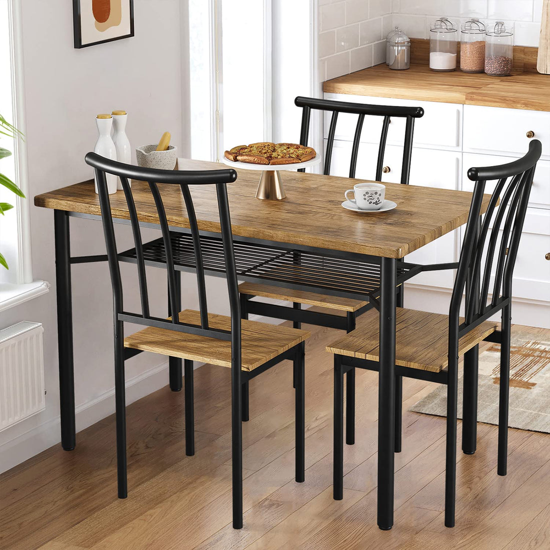 Ensemble table et chaises Garvee pour 4 personnes avec casier à vin, métal et bois, rectangulaire, brun rouille, gain de place pour les petites pièces et les appartements